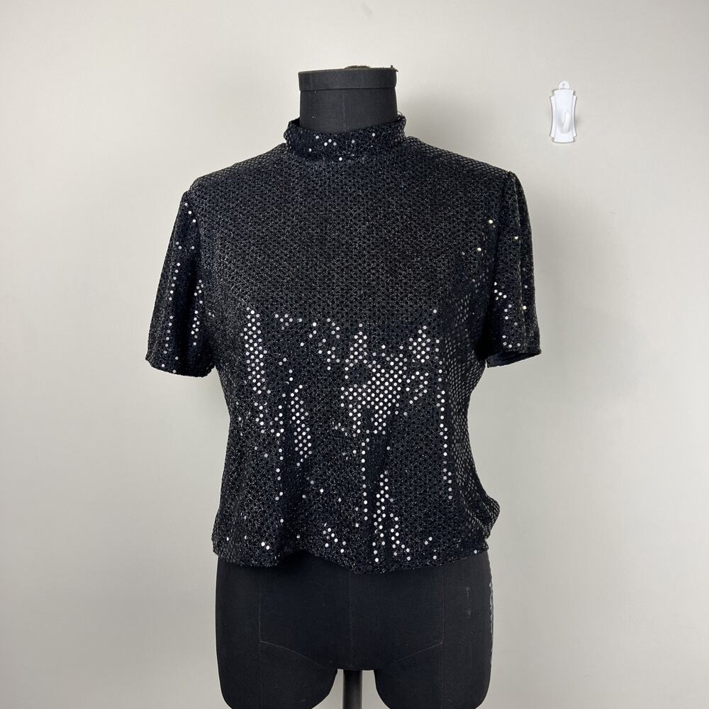 Frascara For Baker‎ Fashions Black Sequined Mock Neck Short Sleeve Top Sz 10